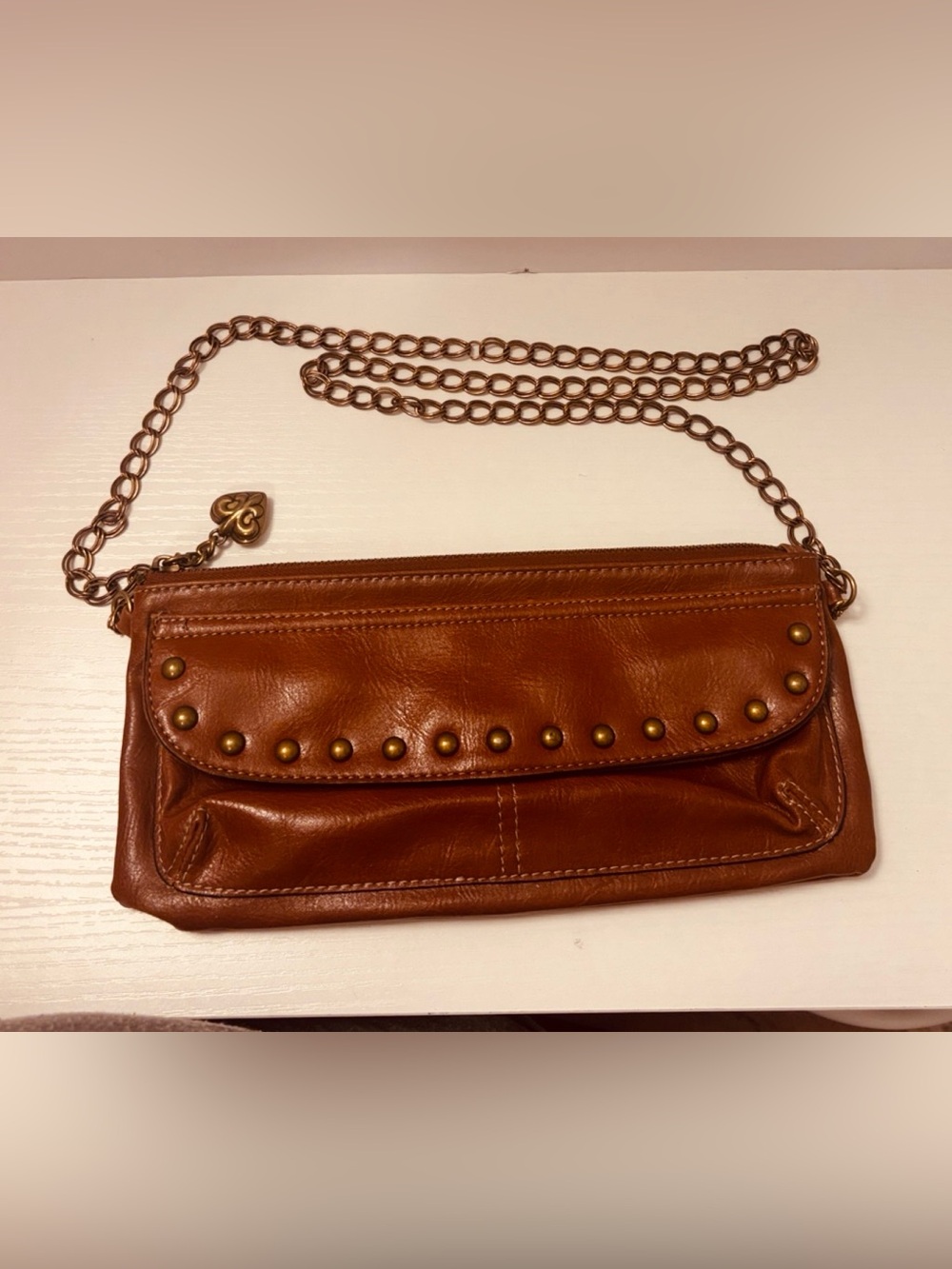 KATHY VAN ZEELAND VINTAGE Y2K Brick Brown Leather Studded Wristlet